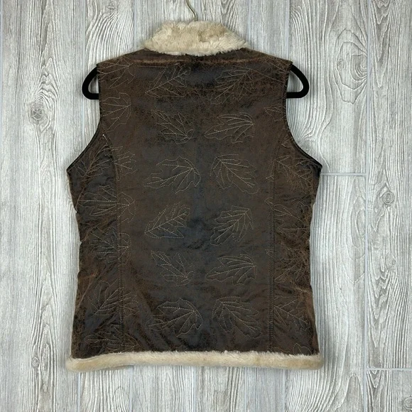 Woolrich Saddle Brown Leaf Embroidered Faux Leather Faux Fur Lined Vest Sz M - Picture 6 of 14